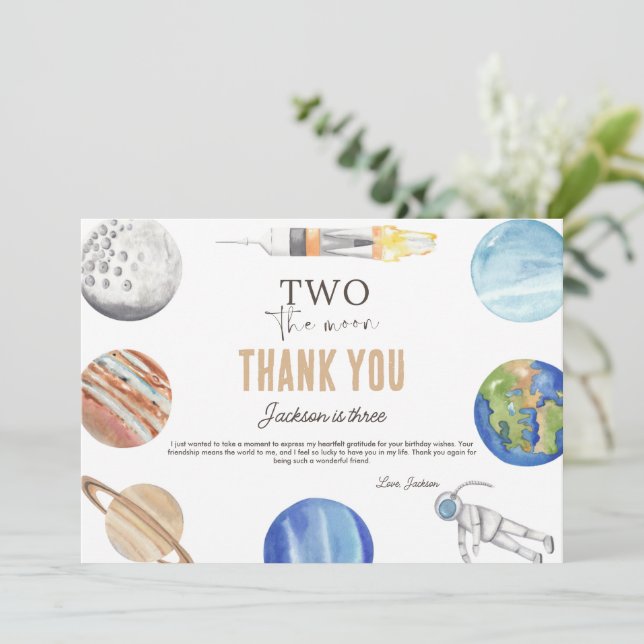 Two The Moon | Modern Space 2nd Birthday Décor Dankeskarte (Stehend Vorderseite)