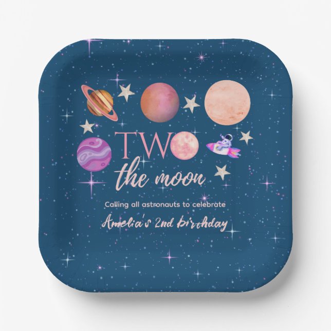 Two The Moon  Outer Space Ship Planets 2nd Bday Pappteller (Vorderseite)