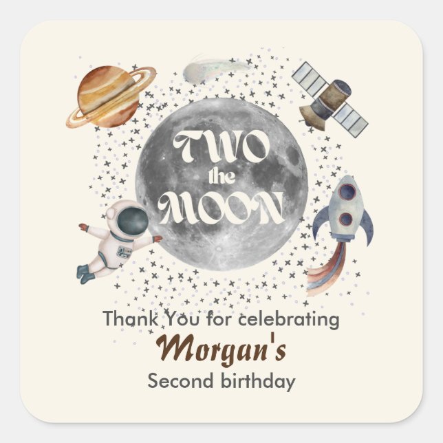 Two The Moon Planets Gender Neutral 2nd Birthday  Quadratischer Aufkleber (Vorderseite)