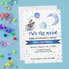 Two The Moon Rocket Space Blue Boy 2nd Birthday  Einladung