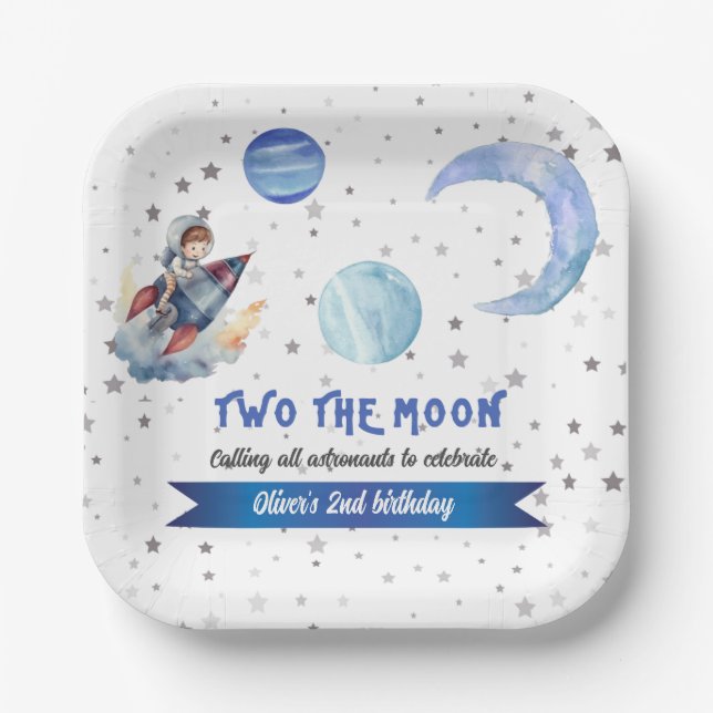 Two The Moon Rocket Space Blue Boy 2nd Birthday  Pappteller (Vorderseite)