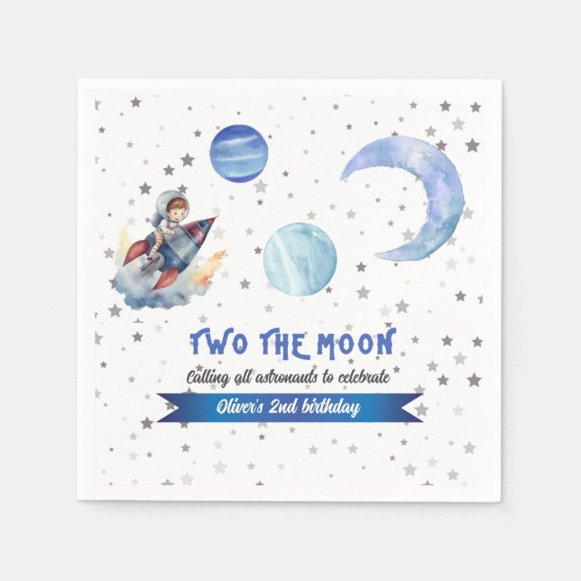 Two The Moon Rocket Space Blue Boy 2nd Birthday  Serviette (Vorderseite)