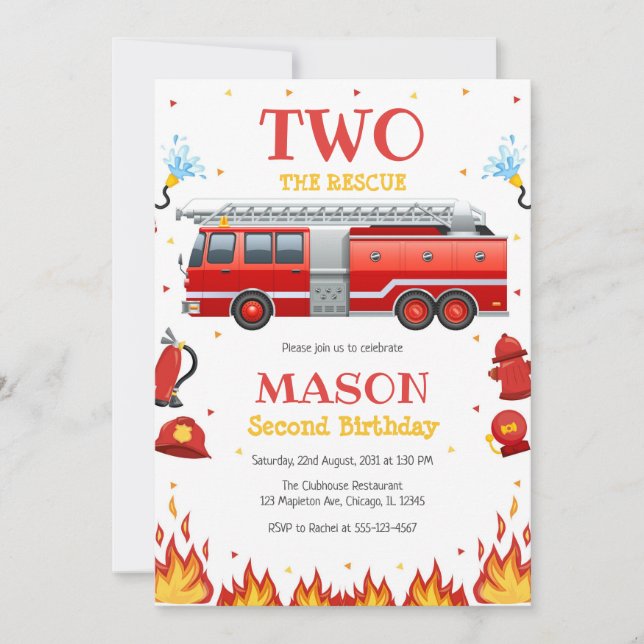Two the Rescue Firetruck 2nd Birthday Invitation (Devant)