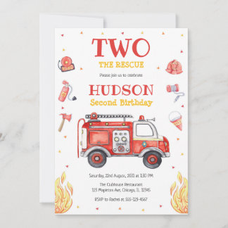 Two the Rescue Firetruck 2nd Birthday Invitation Einladung