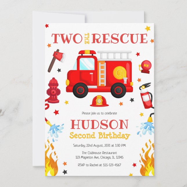 Two the Rescue Firetruck 2nd Birthday Invitation Einladung (Vorderseite)