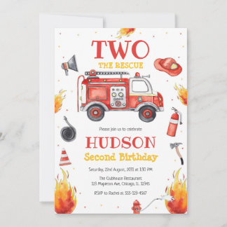Two the Rescue Firetruck 2nd Birthday Invitation Einladung