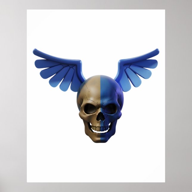 Two-Toned Skull with Blue Stylized Wings Poster (Vorne)
