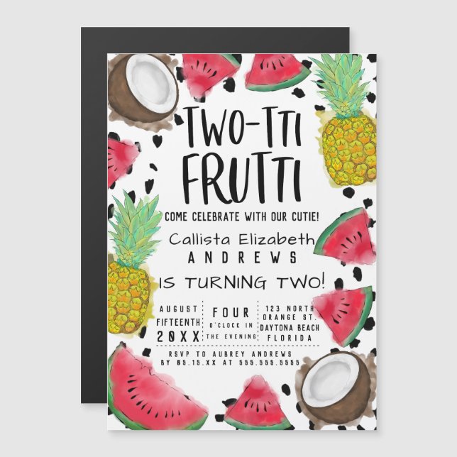 Two-tti Frutti Niedlich Fruit Watercolor 2. Geburt Magneteinladung (Vorne/Hinten)