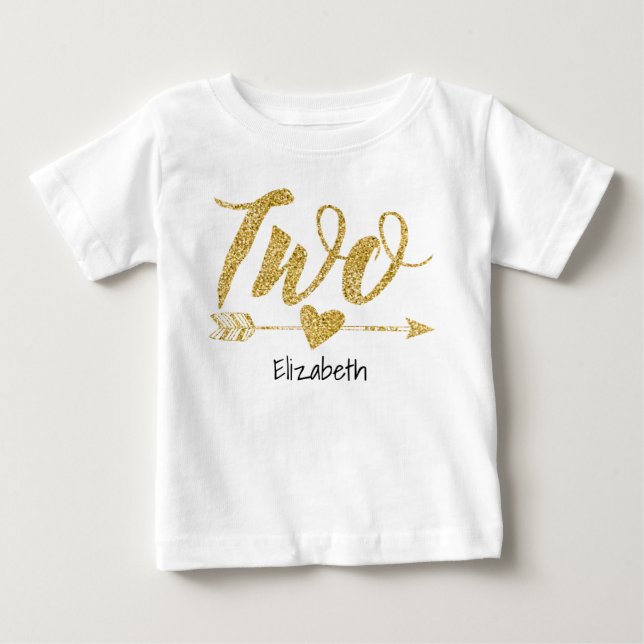 Two|Two Jahre alter Glitzer-Druck personalisiert Baby T-shirt (Vorderseite)