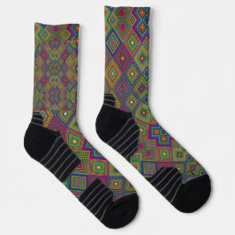 Two views of colorful socks featuring a geometric  socken