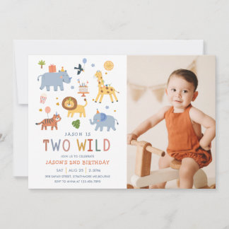 Two Wild 2nd Birthday Safari Animals Cute Photo Einladung