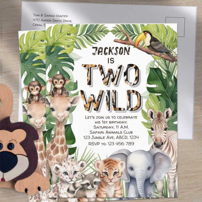 Two Wild Jungle Safari, Boy 2. Geburtstag Einladungspostkarte (Two Wild Safari, Boy 2sn birthday invitation postcard.)