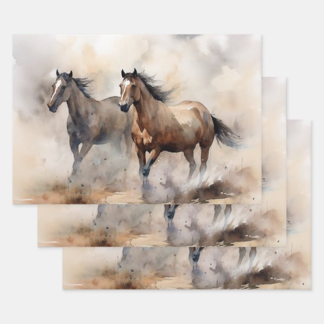 "Two Wild Mustangs" Dusty Western Wassercolor Geschenkpapier Set (Set)