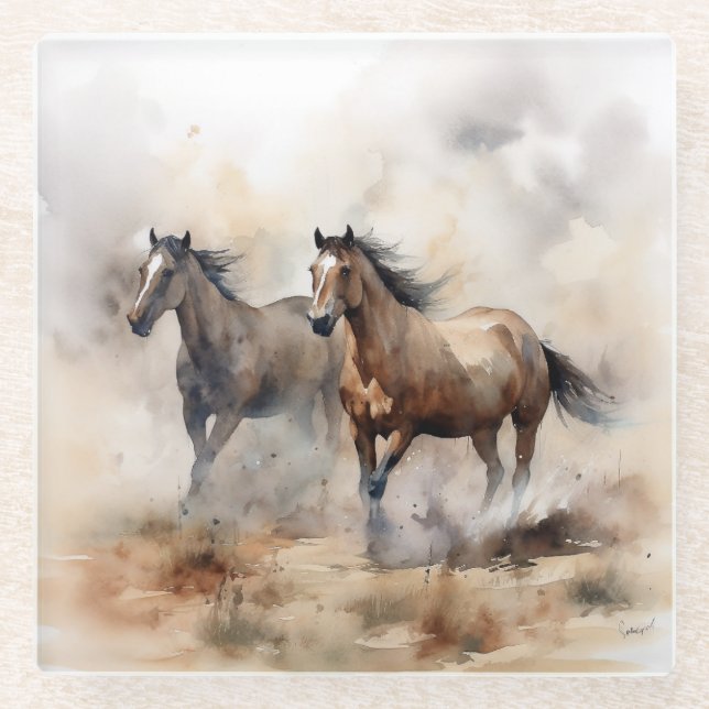 "Two Wild Mustangs" Dusty Western Wassercolor Glasuntersetzer (Vorderseite)