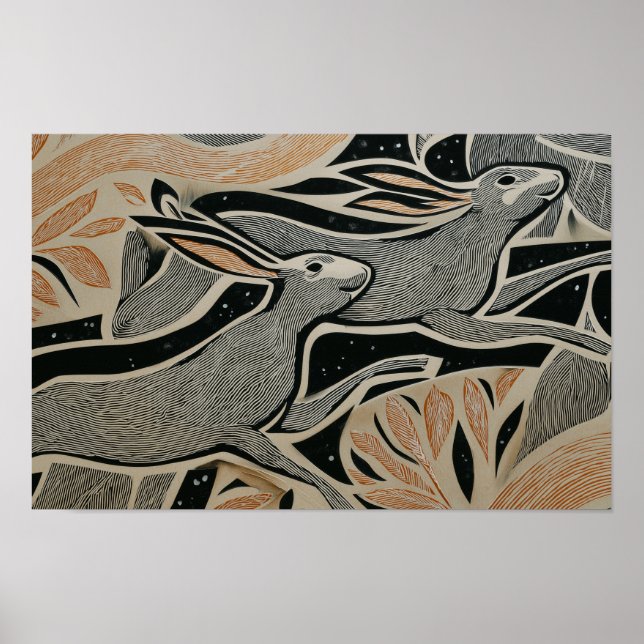 Two wild rabbits with woodcut textures poster (Vorne)