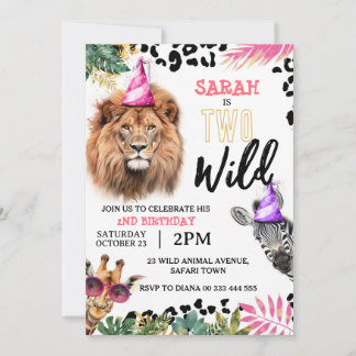 Two Wild Safari Animals 2. Geburtstag Party Einlad Einladung