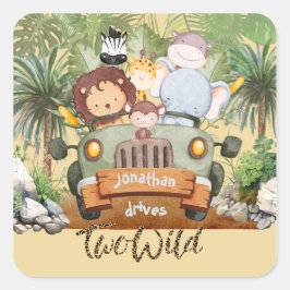 Two Wild Safari Animals Driving Car 2nd Birthday  Quadratischer Aufkleber