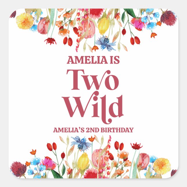 Two Wild Wildflower Second 2nd Birthday Party Quadratischer Aufkleber (Vorderseite)
