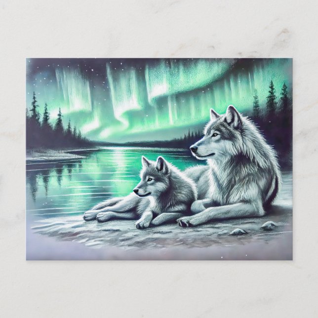 Two Wolves at the Waters Edge with Northern Lights Postkarte (Vorderseite)