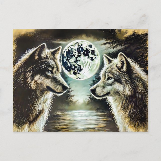 Two Wolves in Moonlight with Pack Postkarte (Vorderseite)