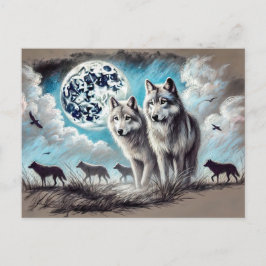 Two Wolves in Moonlight with Pack Postkarte