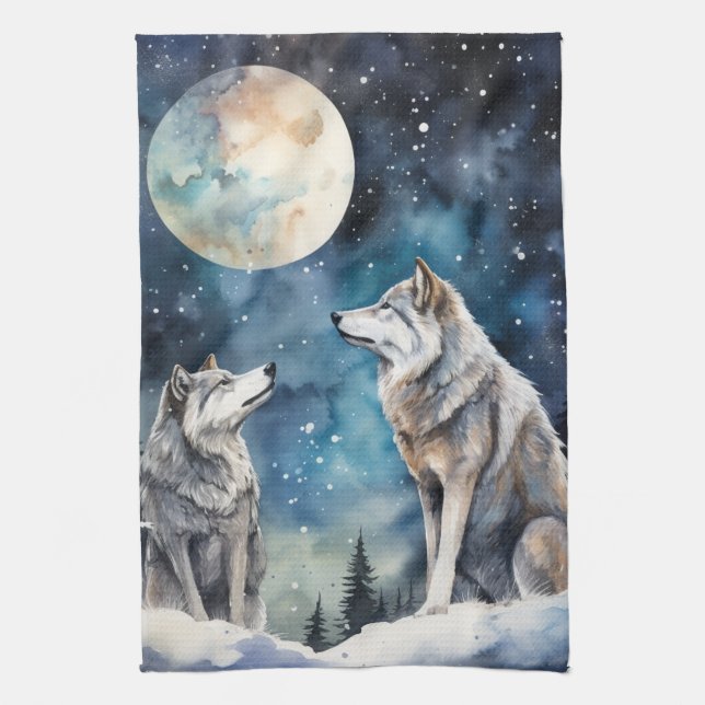 Two Wolves in Winter Geschirrtuch (Vertikal)