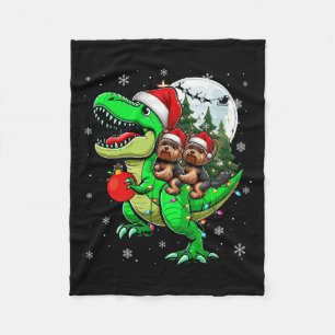 Two Xmas Yorkshire Terriers Riding T-rex Rentier Fleecedecke