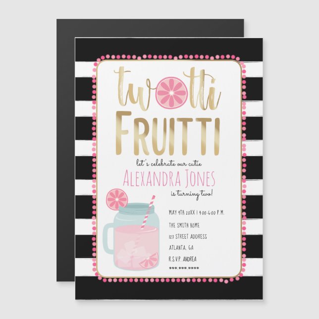 Twotti Fruitti Pink Lemon Black + White Geburtstag Magneteinladung (Vorne/Hinten)