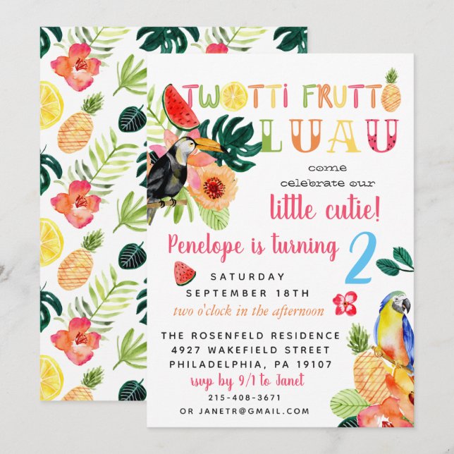 Twotti Frutti Luau Invitation de fête d'anniversai (Devant / Derrière)