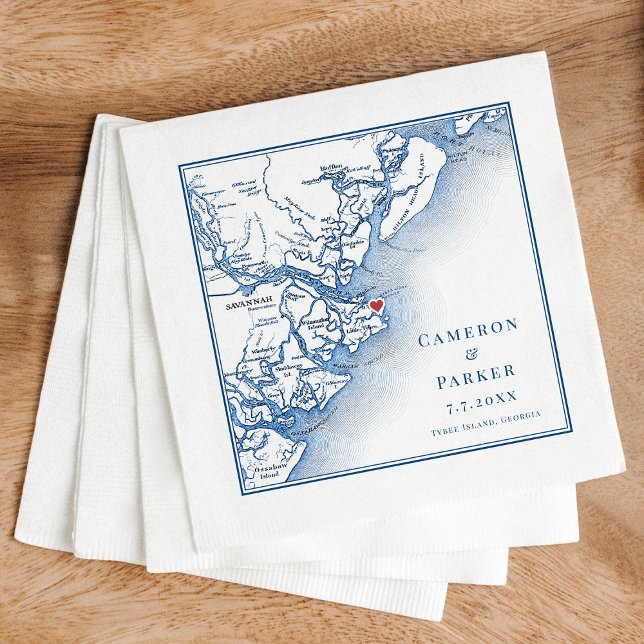 Tybee Island Georgia Karte Elegant Navy Hochzeit Serviette (Elegant Tybee Island Georgia Wedding cocktail napkins with navy blue map from Coastal Map Designs)