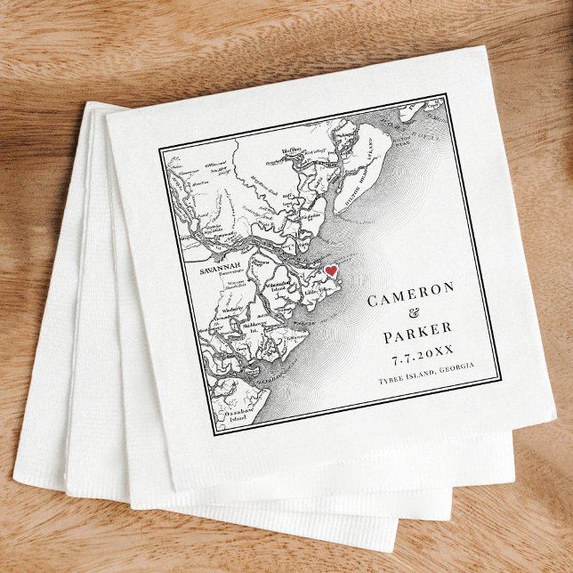 Tybee Island Georgia Karte Elegant Wedding Serviette (Elegant Tybee Island Georgia Wedding cocktail napkins with black and white map )