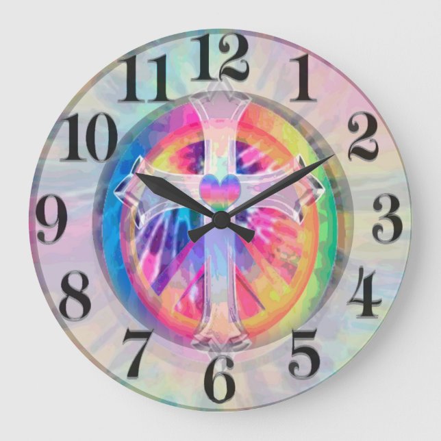 Tye Dye Cross mit Herz im Zentrum Große Wanduhr (Vorderseite)