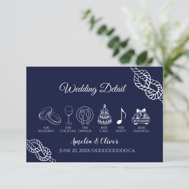 Tying Knot Nautical Rope White&Navy Wedding Detail Begleitkarte (Stehend Vorderseite)