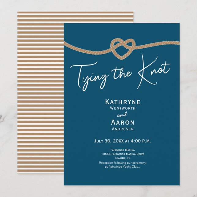 Tying the Knot Rope Coastal Blue Nautical Wedding  Einladung (Vorne/Hinten)