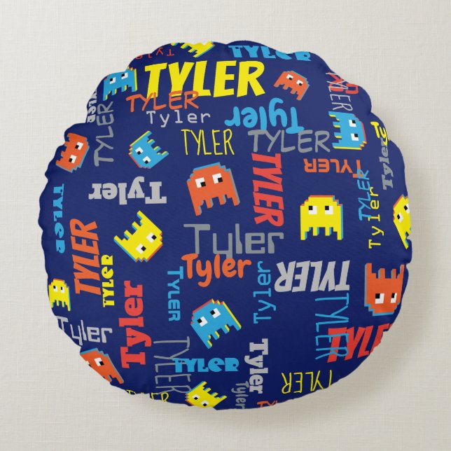 Tyler individuelle Name Pixel Gaming Blue Rundes Kissen (Vorderseite)
