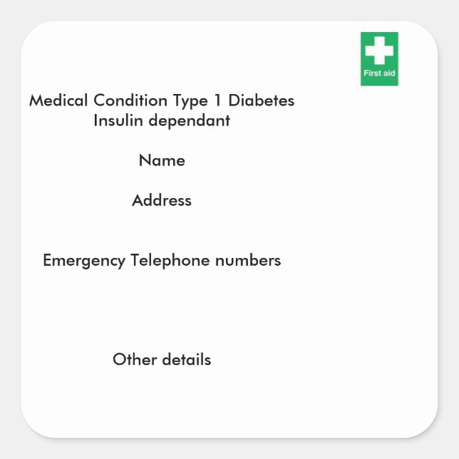 Typ-1-Diabetes-Warnhinweise Quadratischer Aufkleber (Vorderseite)
