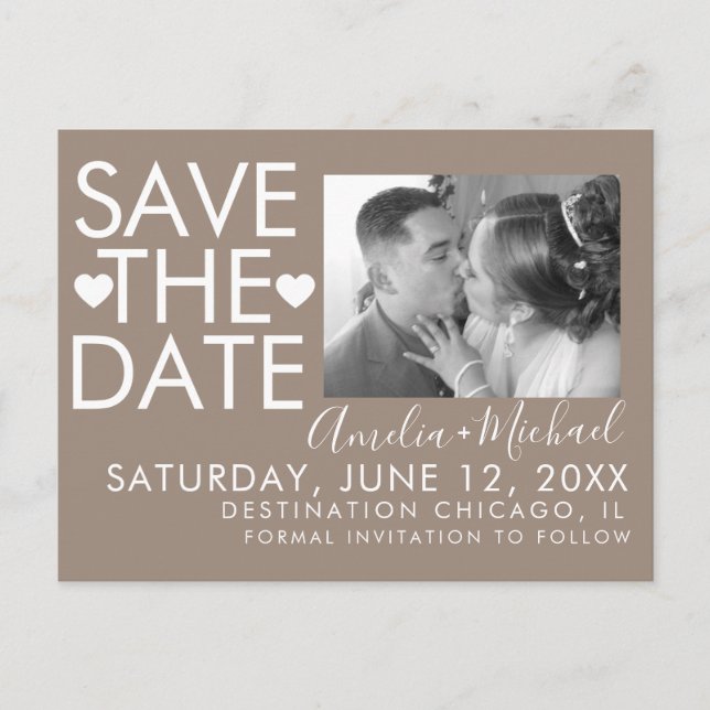 Typ und Herz Save the Date Foto Postkarte (Vorderseite)