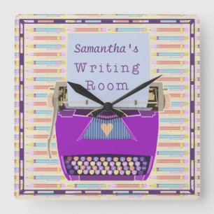 Typewriter Writing Room Personalized Author Purple Quadratische Wanduhr