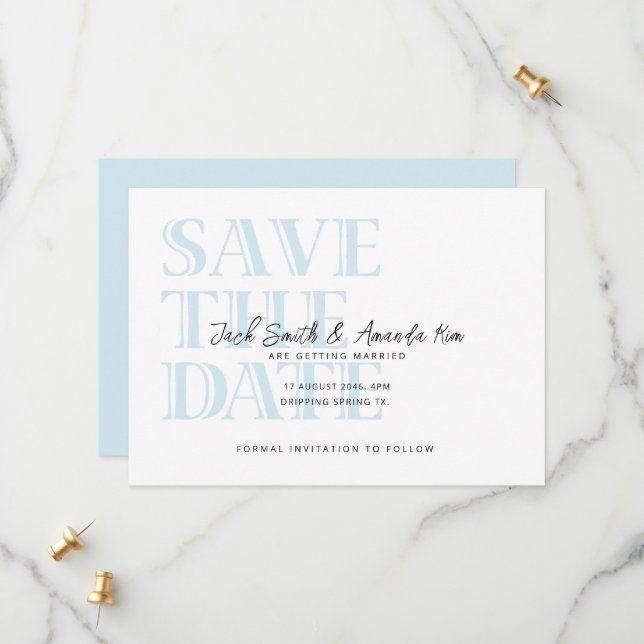 Typografie Baby Blue Flat Save the Date Card (Vorderseite/Rückseite Beispiel)