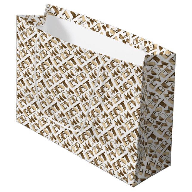 Typografie Beste Mama je Muster Gold und Weiß Große Geschenktüte (Vorderseite Schrägansicht)