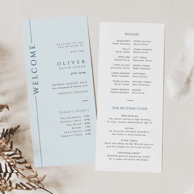 Typografie Blue Bar Mitzvah Programmkarte Zeitplan (Von Creator hochgeladen)