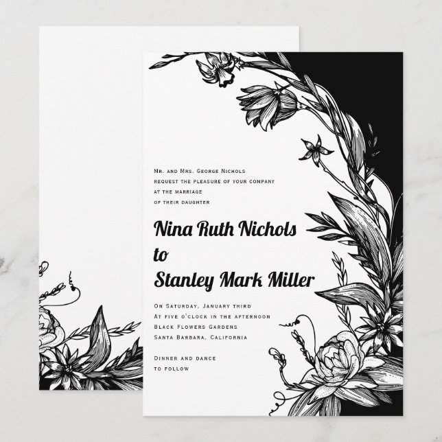 Typografie der Blume Schwarz/Weiß Einladung (Vorne/Hinten)