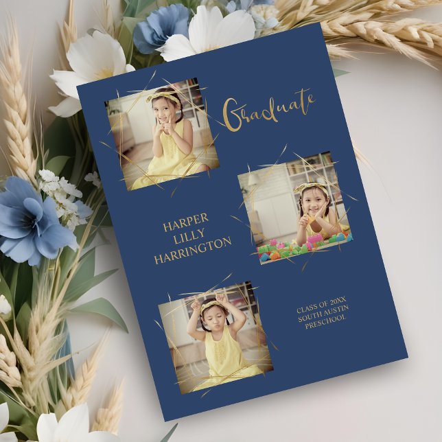 Typografie Drei Fotos vor der Bekanntgabe der Grad (Calligraphy Three Photos Collage Pre-K Graduate Announcement Card in Blue. )