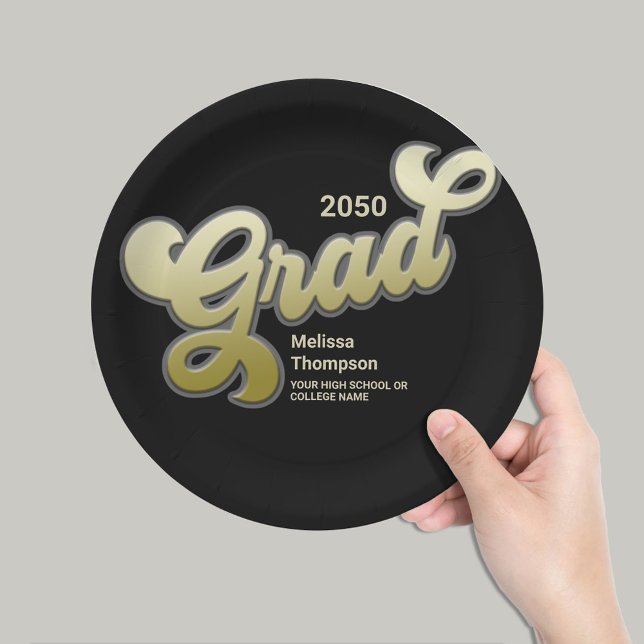 Typografie, einfache Skripte, Schwarz und Gold Pappteller (Graduate gold and black custom paper plate.)