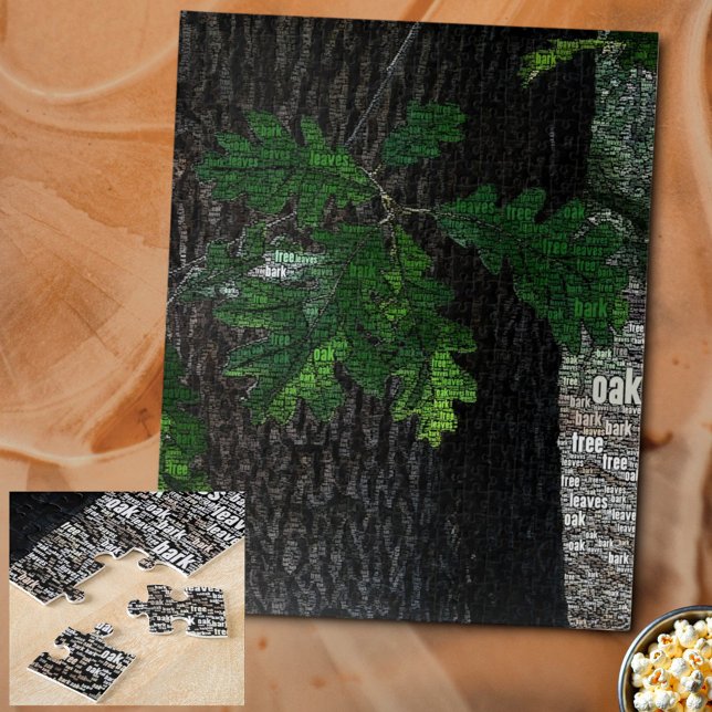 Typografie Embedded Word Cloud Tree Blätter & Bark (Full puzzle and piece close-up.)