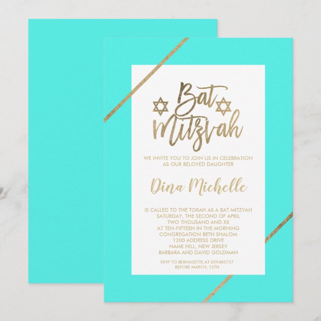 Typografie Gold Blumenblätteraqua chic Bat Mitzvah Einladung (Vorne/Hinten)