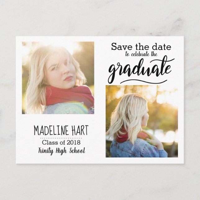 Typografie Graduate | Save the Date zwei Fotos Ankündigungspostkarte (Vorderseite)