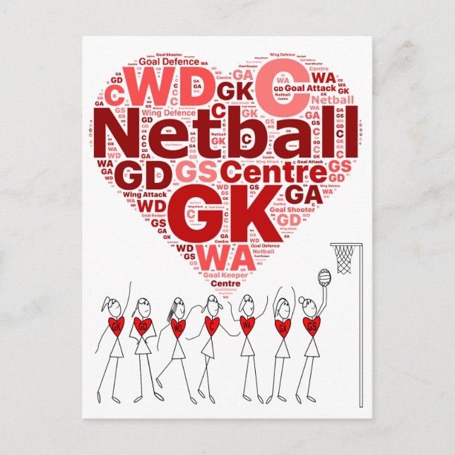 Typografie Herzdesign für Netball-Positionen Postkarte (Vorderseite)