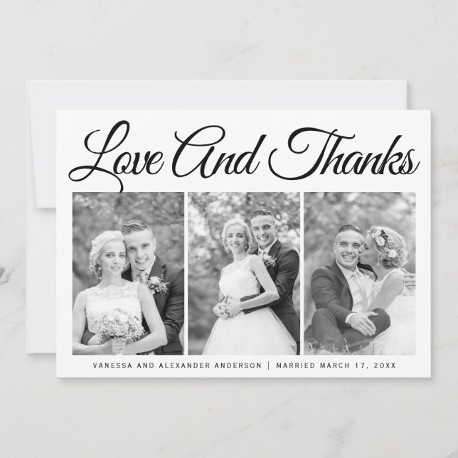 Typografie Hochzeit Danke, drei Foto Collage Dankeskarte (Vorderseite)