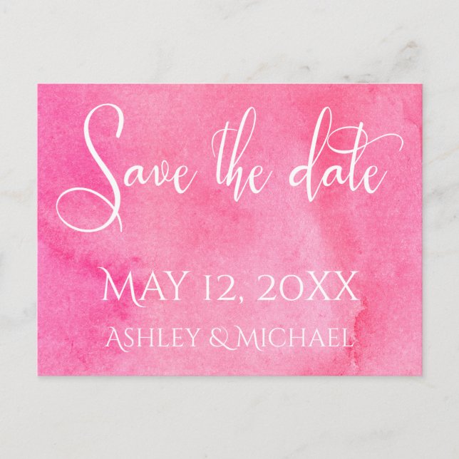 Typografie in Hot Pink-Aquarellen Save the Date 2 Ankündigungspostkarte (Vorderseite)